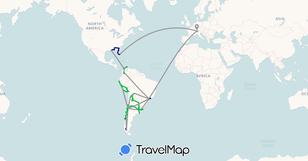TravelMap itinerary: driving, bus, plane, hiking, boat in Argentina, Bolivia, Brazil, Switzerland, Chile, Colombia, Peru, United States, Uruguay (Europe, North America, South America)